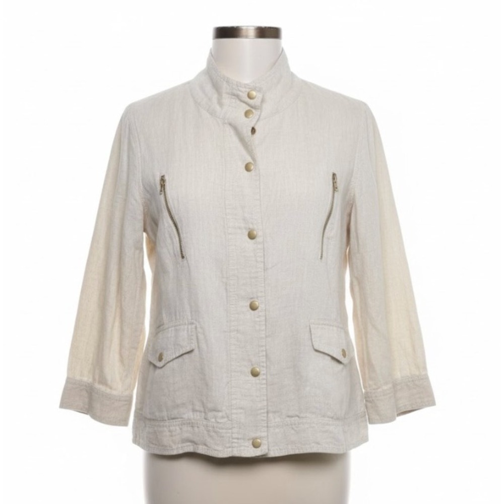 Chicos Linen Jacket Women Large 2 Beige Utility Snap‎ Front Mock Neck 3/4 Sleeve